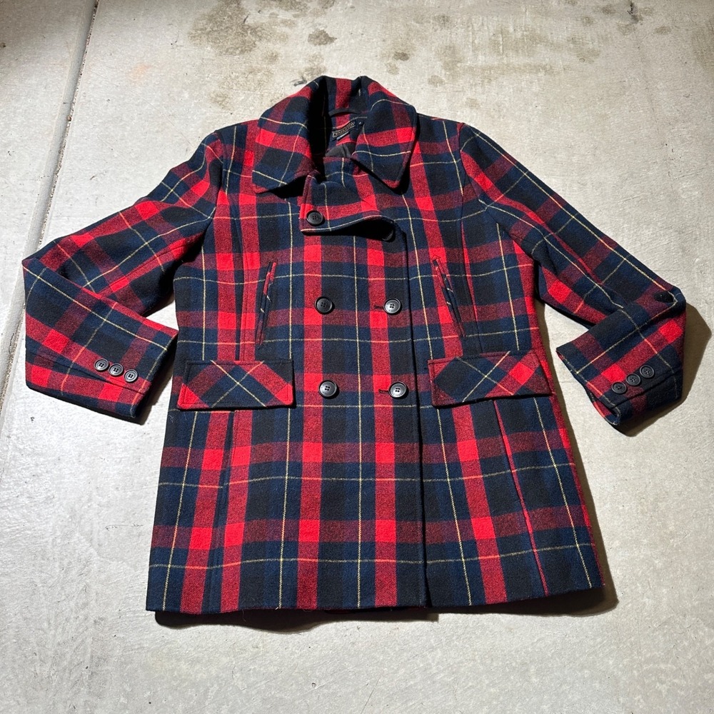 Pendleton Coat Women‎ 16 Red Navy Plaid Wool Blend Double Breasted Peacoat